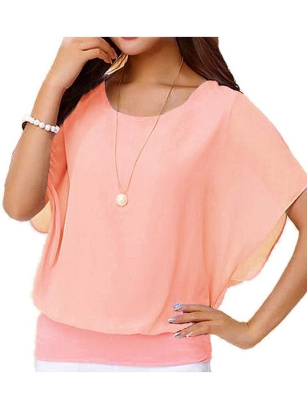 Women's Light Pink Elegant Loose Casual Short Sleeve Chiffon Top T Shirt Blouses